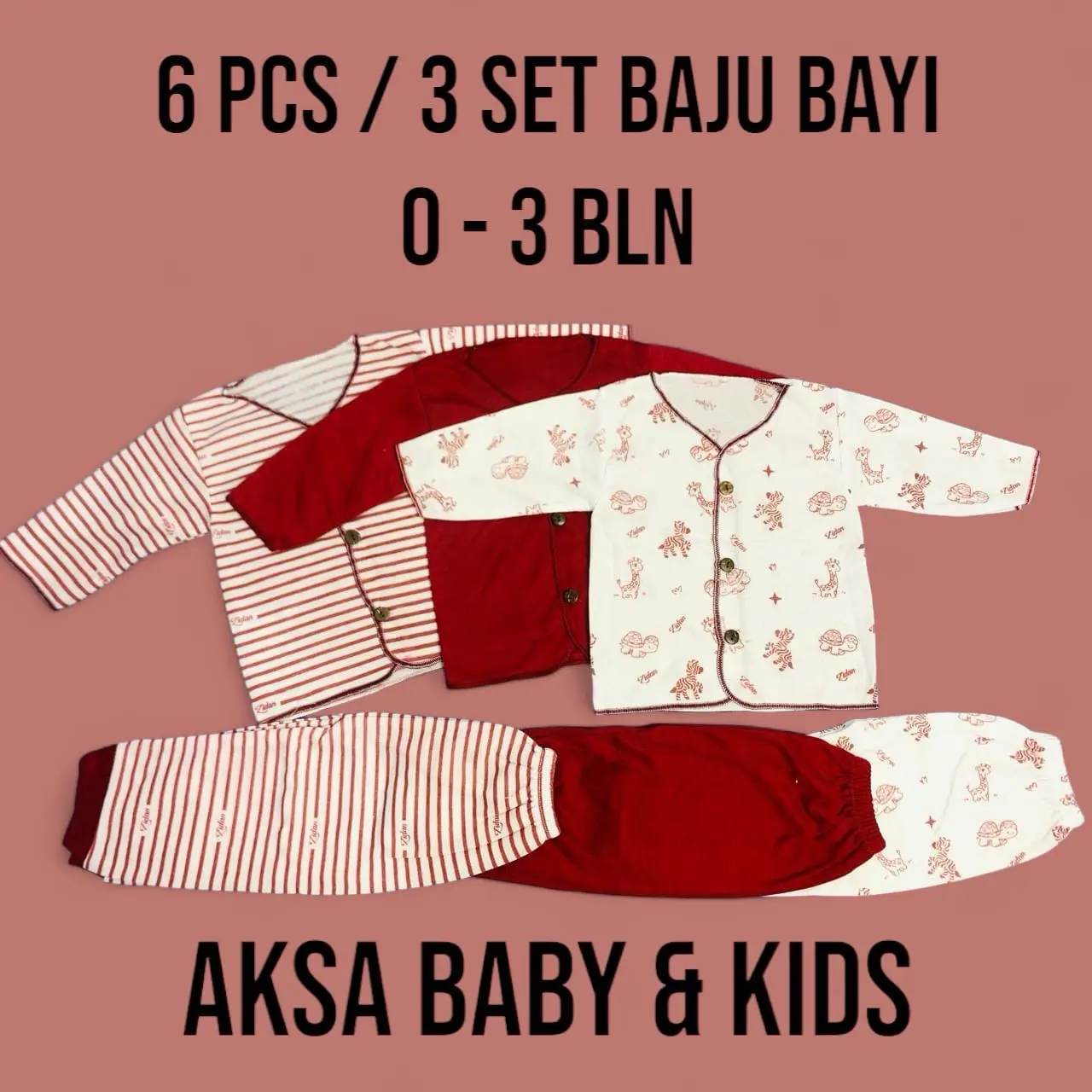 Paket 6 Pcs Baju Bayi New Born 0-3 Bulan Lengan Panjang dan 3 Pcs Celana Panjang