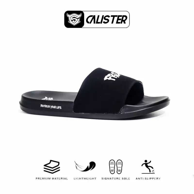 Calister - Sandal Slipper Pria Slide On Full Black Anti Slip antiselip selop simpel 1