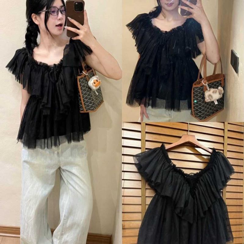 Áo Kiểu Voan lưới”JENI TOP” cổ V trễ vai bo chun cách điệu bánh bèo mặc 2 kiểu-2 màu trắng,đen siêu xinh dành cho Nữ