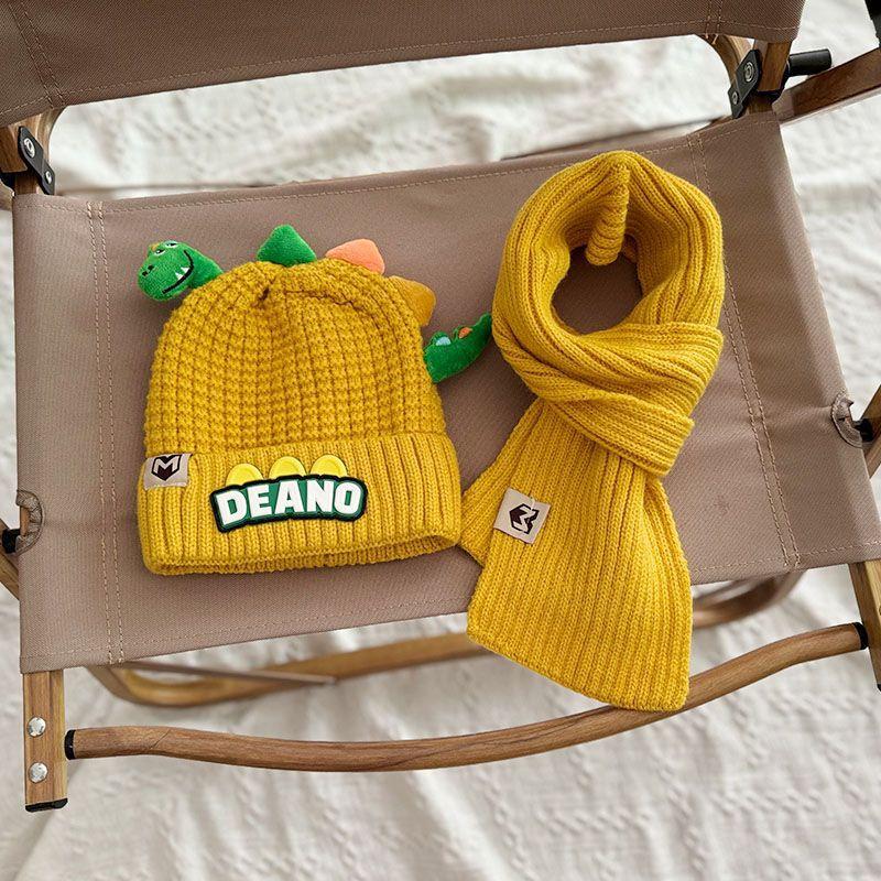 Product Introduction of 1-7Y 2Pcs Children Hat Scarf Set Cute Little Dinosaur Knitted Wool Cap Winter Warm Kids Neckerchief Boy Girl Baby Beanie 25