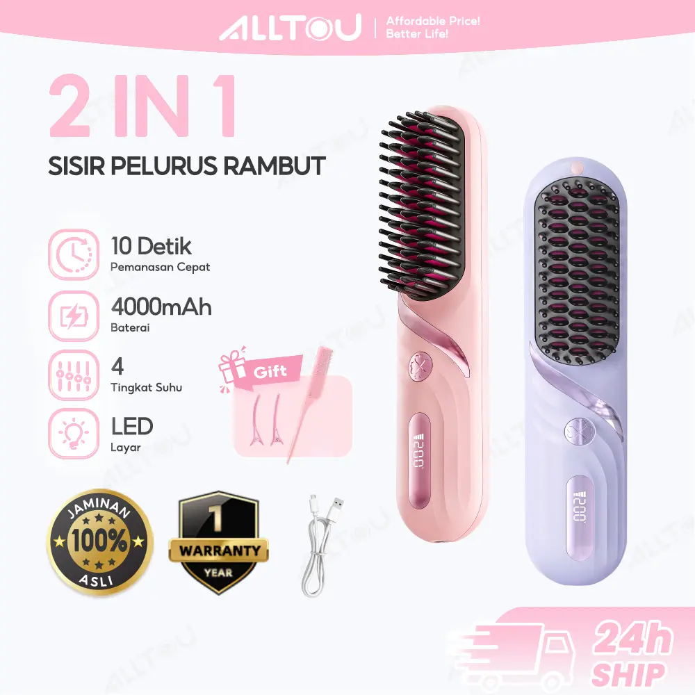 ALLTOU 2 in 1 Sisir Pelurus Rambut  dengan Baterai 4000mAh & Pemanasan Cepat 10 Detik Meluruskan Rambut dengan 3 Tingkat Suhu Garansi 1 Tahun