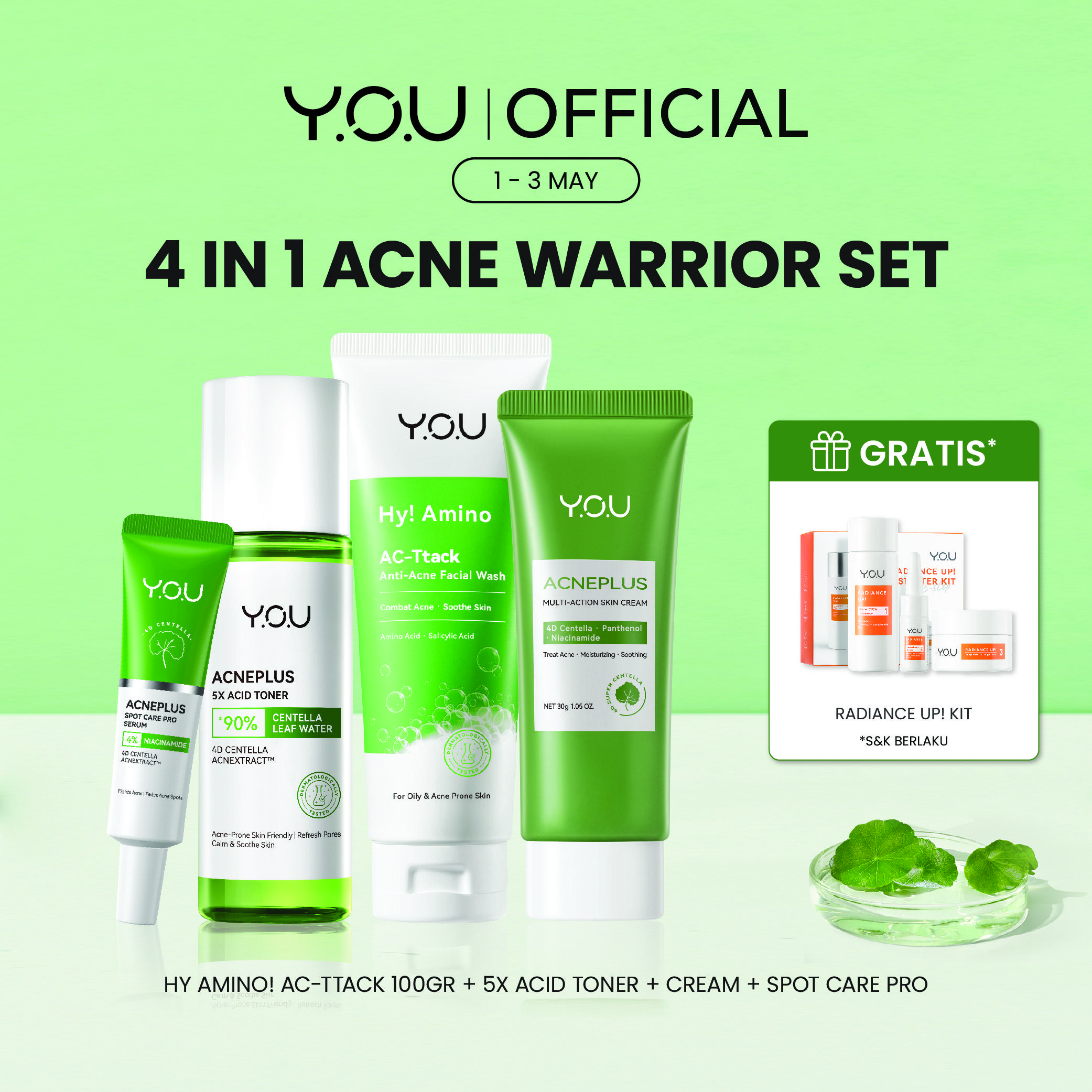 [FREE KIT] YOU Acne 4in1 Bundle Acne plus Essence, Spot Care, Skin Cream Moisturizer& Hy!Amino Facial Wash Skincare Perawatan Wajah Satu Set Obat Jerawat Sabun Cuci Muka Pelembab