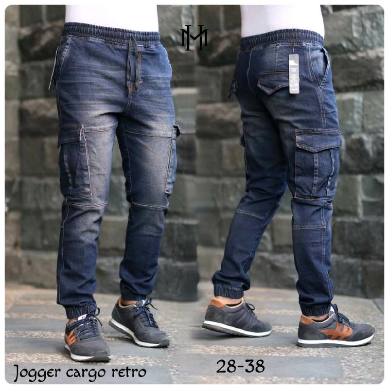 Celana Jogger Cargo Pria Panjang Jeans Denim Stretch Hitam Cowok 4