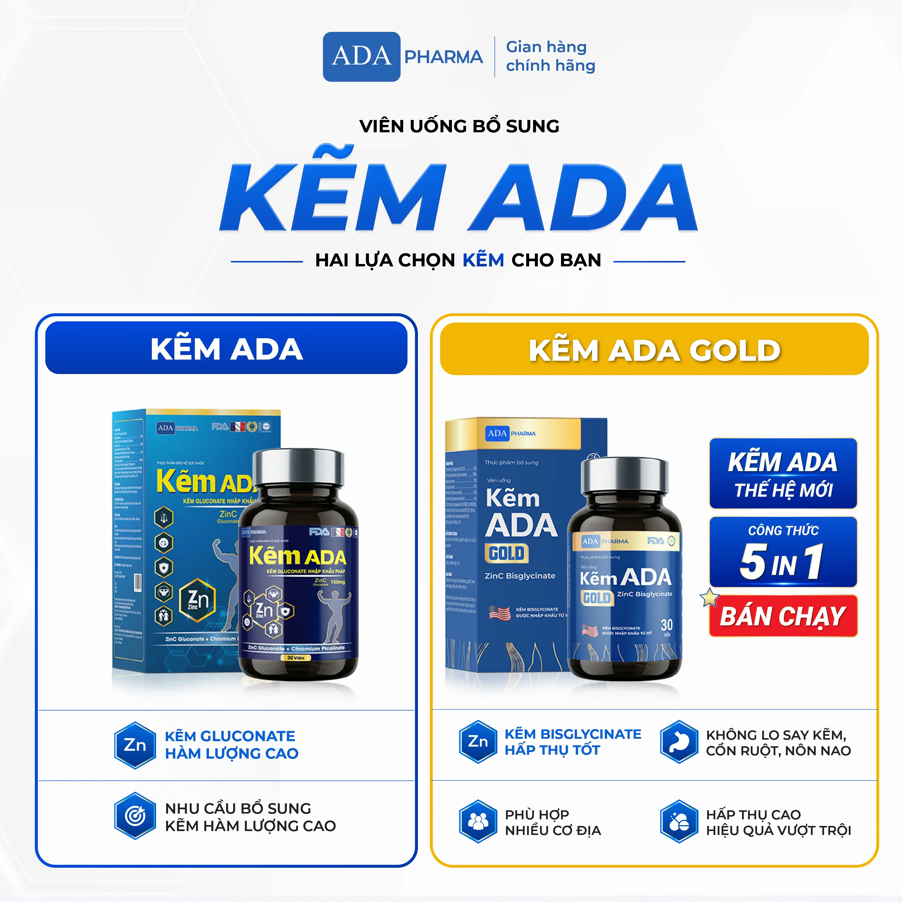 Kẽm ADA chính hãng - ADA Gluconate & ADA Bisglycinate - Hỗ trợ tăng cường sức khỏe.
