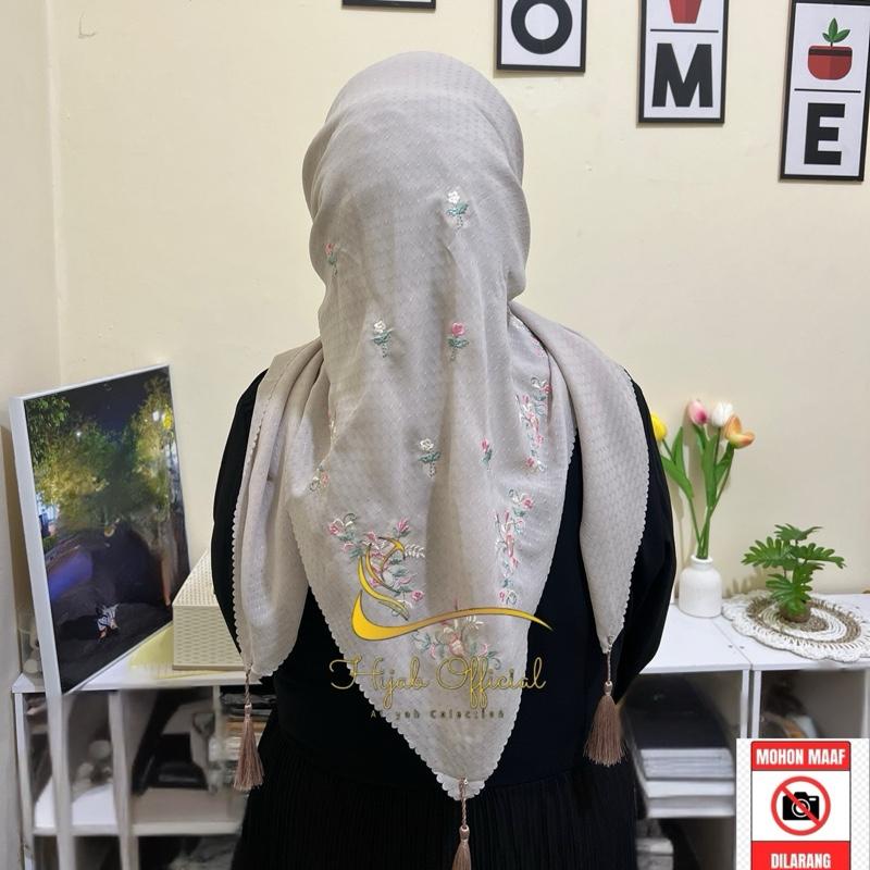 Hijab Segi Empat Potton Star Tassel Bordir Bunga Sakura Kerudung Wanita Muslim Katun Nyaman Square 0