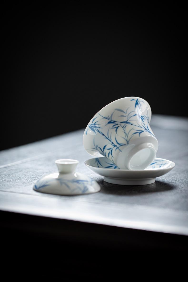 Product Introduction of Bamboo Sancai covered bowl hand-painted ceramic single large high-end Dehua white porcelain tea bowl Kung Fu tea set gift 21
