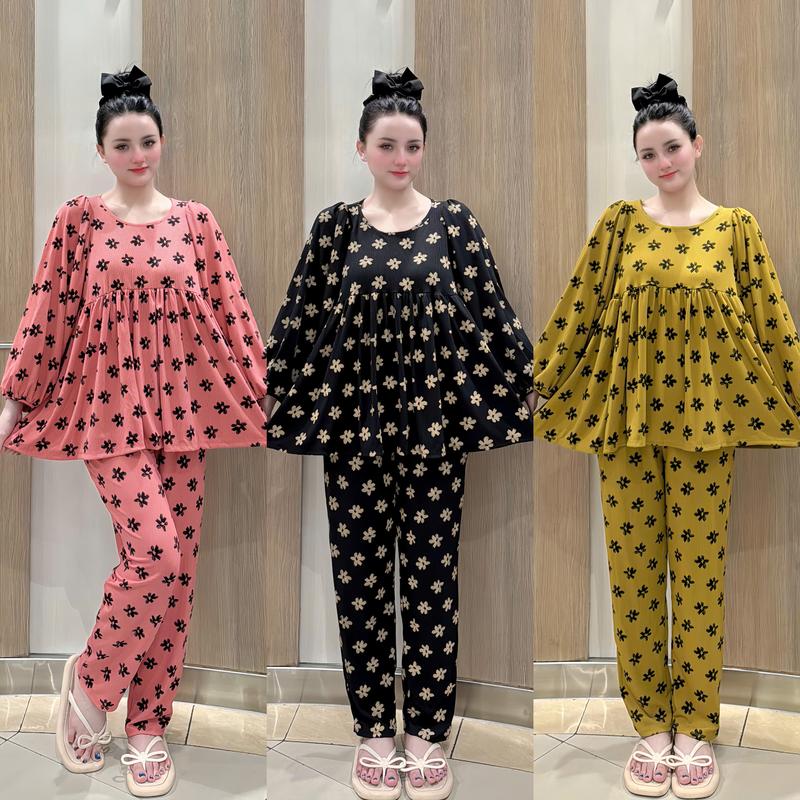  bộ đồ babydoll thun gân mặc nhà màu sắc đa dạng họa tiết dễ thương có đường may sau lưng 