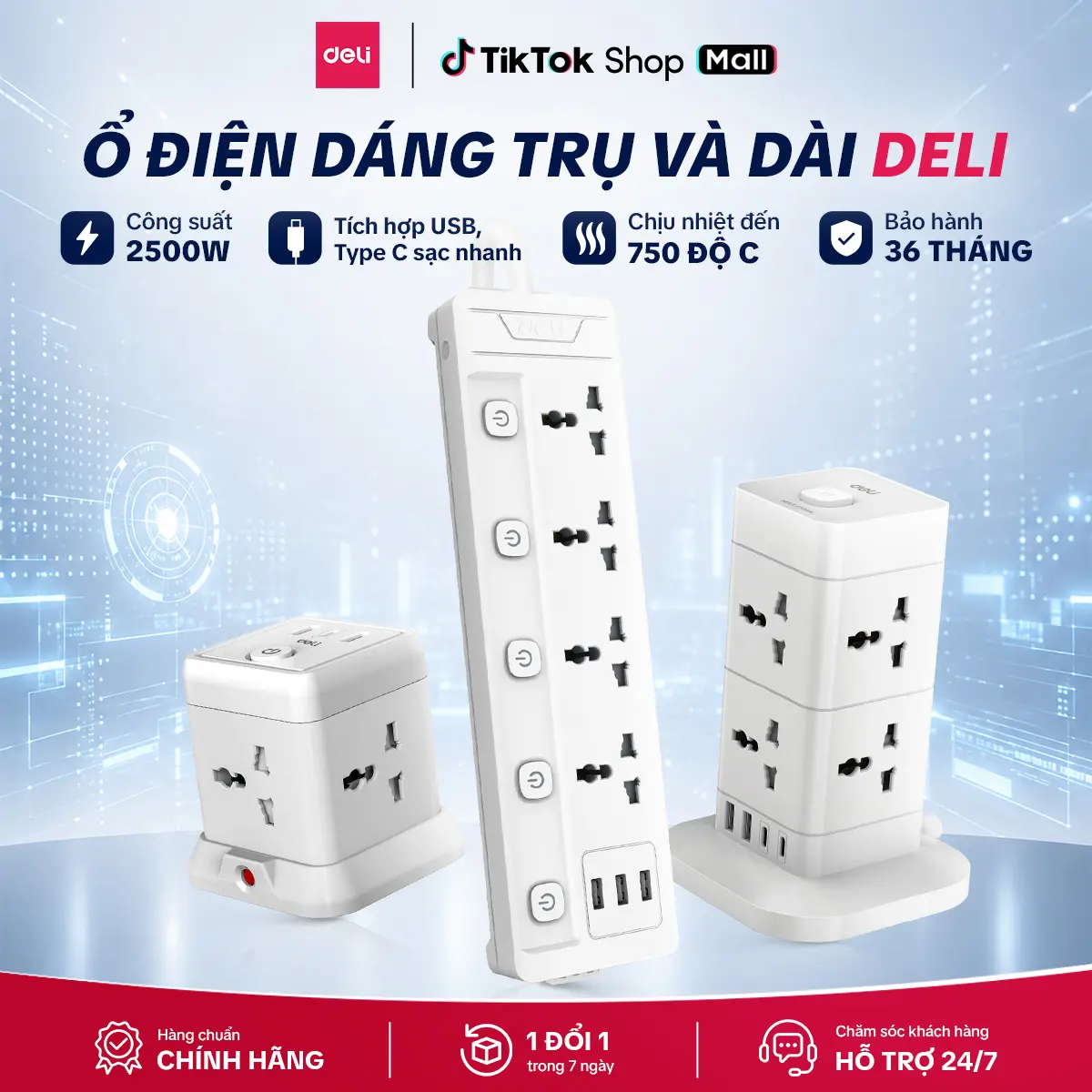 [DELI] Ổ cắm điện đa năng dáng dài và dáng vuông trụ tích hợp cổng USB và type C có sạc nhanh, công suất 2500W, nhựa ABS an toàn, chống cháy nổ, ổ điện, ổ cắm, ổ trụ có cầu chì tự ngắt khi quá tải