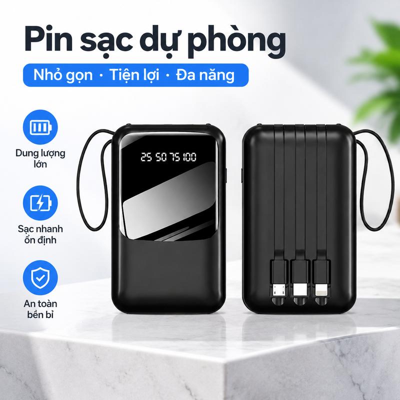 Pin Dự Phòng 20000mAh 4 Dây Sạc Nhanh – Dung Lượng Lớn, Nhỏ Gọn, Tiện Lợi Cho Điện Thoại