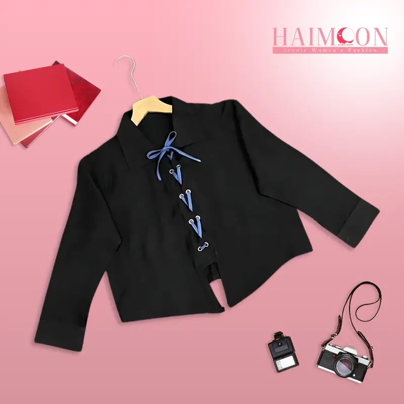 Atasan Wanita Blouse Tali Pita Turkish Linen Korean Style Warna Hitam,biru,moca Baju Kancing Katun Panjang 1