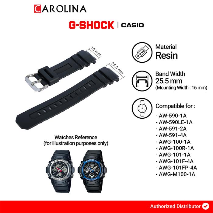 Gambar Tali Strap Casio AW-590 / AW-591 / AWG-100 / AWG-101 25.5 mm Black Resin Band dari Carolina Watch Kota Administrasi Jakarta Barat Tokopedia