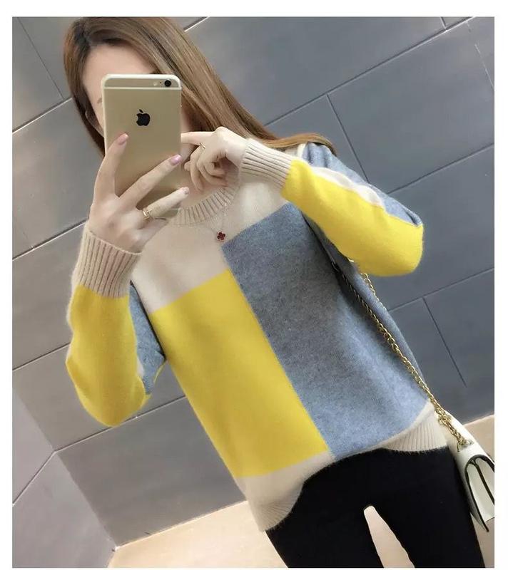 Product Introduction of ZANA Autumn and Winter Women's New Pullover Sweater Loose Korean Color Block Long Sleeve Knitted Bottom Top 7