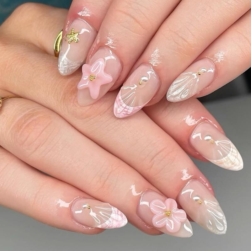  Móng tay giả nhọn thiết kế đính charm nơ sáng tiểu thư nailbox thiết kế ngắn đơn giản TẶNG KÈM KEO DÁN MÓNG 