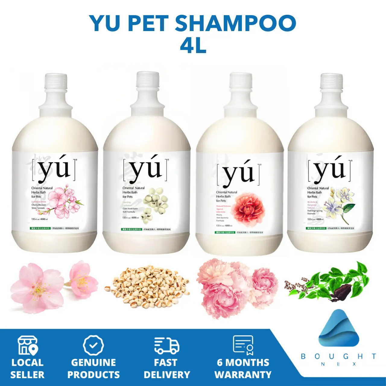 YU Pet Shampoo 4L Peony Anti-Bacteria Cherry Blossom Ho Shou Wu Coix Seed Satin Gentle Cleansing Shiny Hair Formula