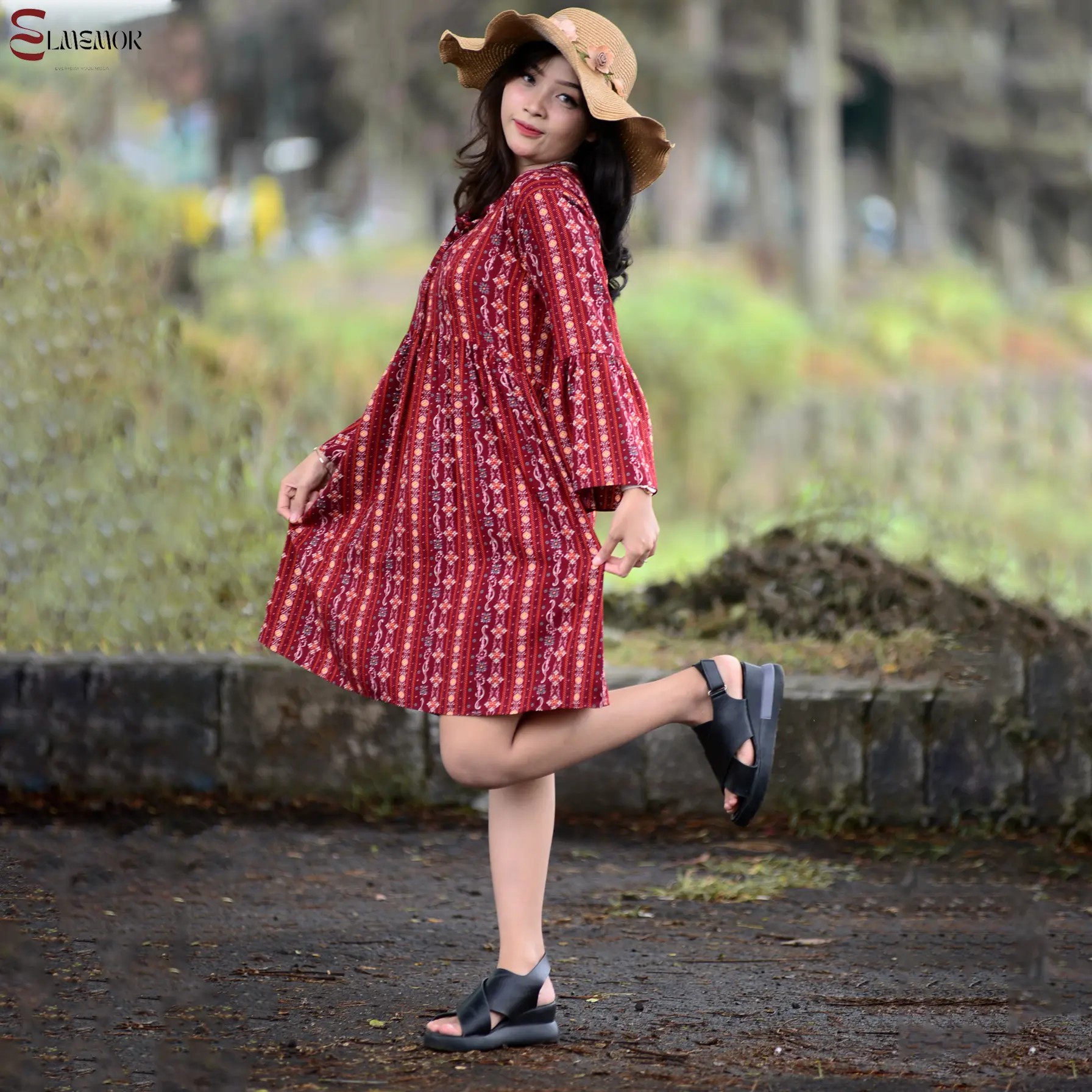 midi dress bell slevees rayon boho style summer beach by elmemor Casual Wanita Baju Pantai