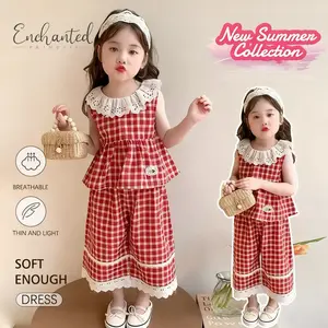 [Enchanted Princess] 1-9 tahun Setelan anak perempuan modis dengan motif kotak-kotak merah, detail renda, atasan rompi, gaya Korea yang manis