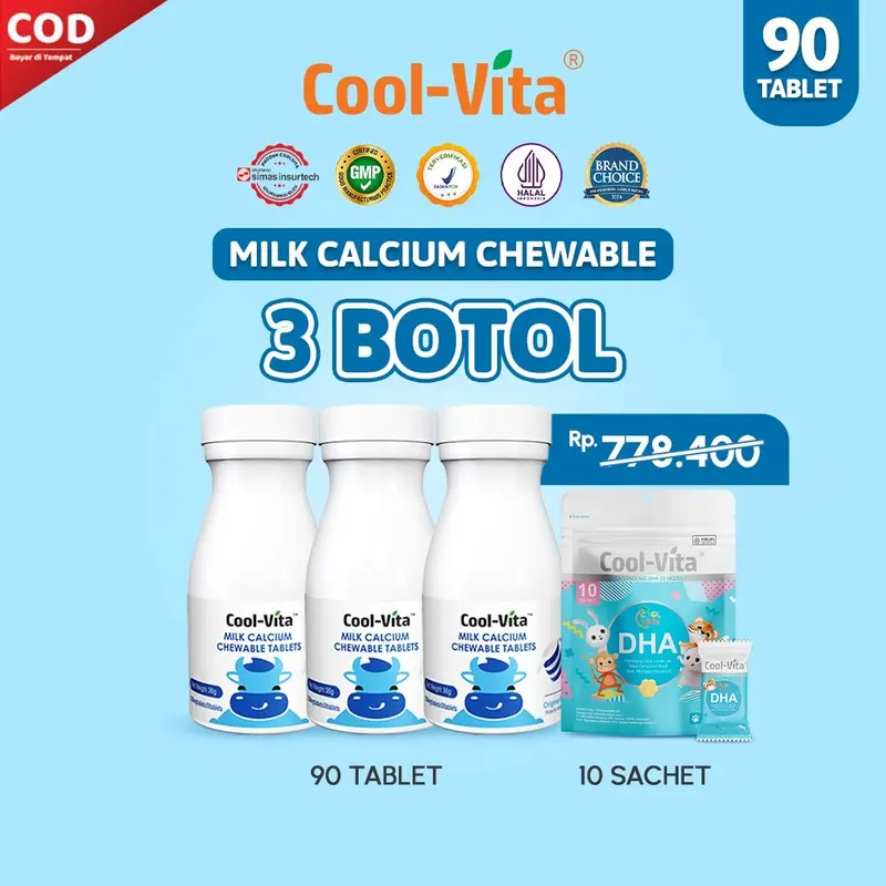 [A] Coolvita 3 Botol Chewable Calcium (Total 90 Tablet)+ 1 pouch DHA gummy (Total 10 Gummy) | Vitamin/Suplemen Anak (Mulai 3 Tahun) dan Dewasa | Dukung Tumbuh Kembang Otak, Tulang & Gigi Secara Optimal 0