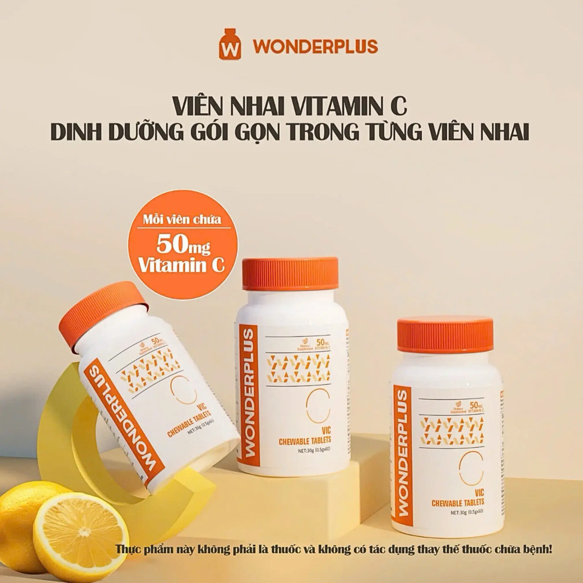 Viên Nhai Bổ Sung Vitamin C Wonderplus (60 Viên X 50Mg) - Hương Cam - Giúp Làn Da Rạng Rỡ - Tăng Cường Đề Kháng - Giảm Căng Thẳng