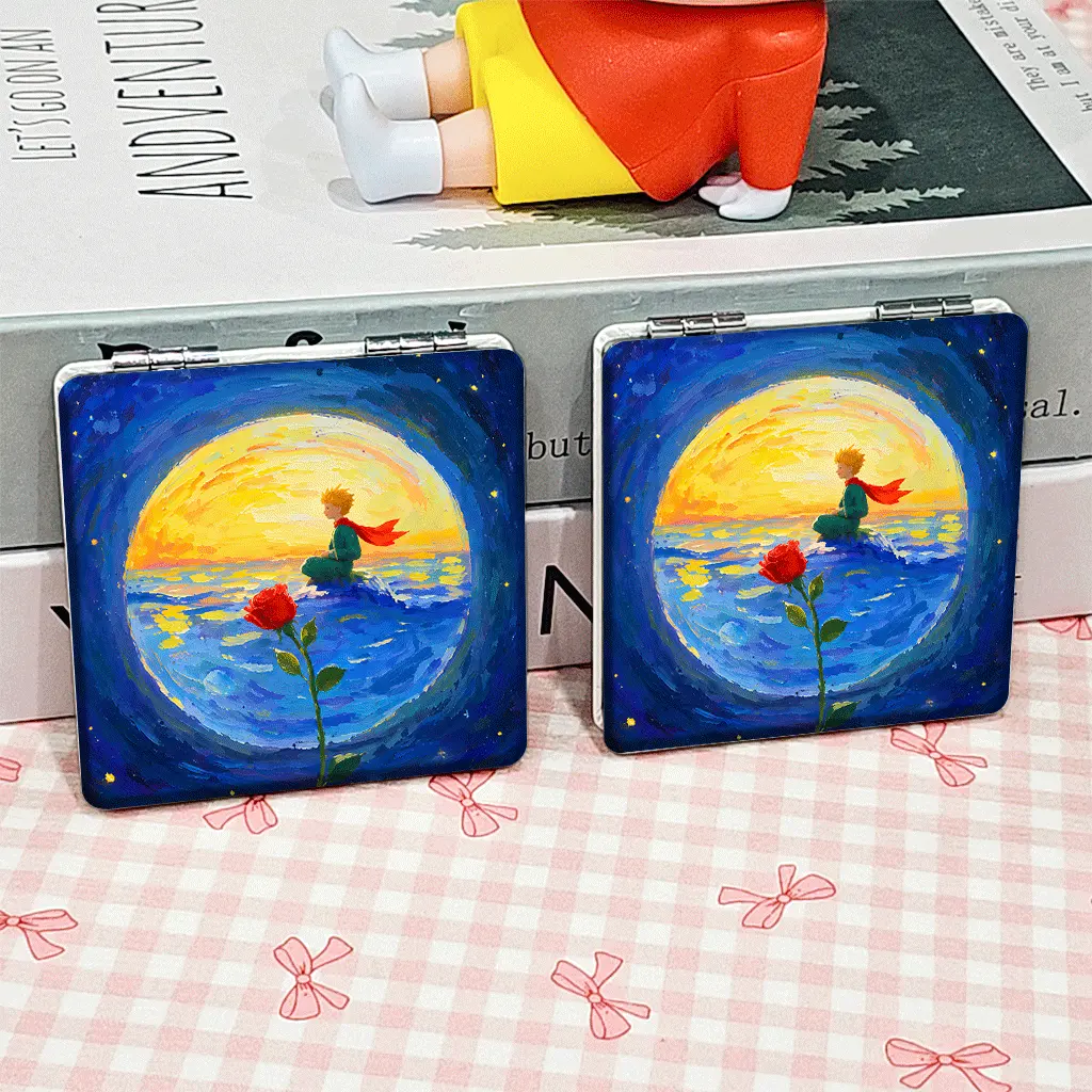 Portable Foldable Makeup Mirror, Little PrinceRoseSunsetSea Pattern, Mini Hand Cosmetic Mirror, Student Pocket Mirror, Trendy Compact Mirror, Cute, Double Sided Mirror, Non-Slip Handheld
