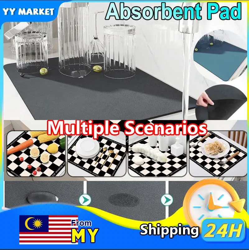 Large Size 50*60cm Kitchen Mat Alas Pelapik Pengeringan Pinggan Mangkuk Lepas Cuci Menyerap Air Anti Slip Alas Sinki Aesthetic Alas Mangkuk Pinggan Sink Absorbent Mat Table Mat Sink Mat Kitchen Mat Waterproof Drying  Mat Diatomite Mat Kitchen Drain Pad