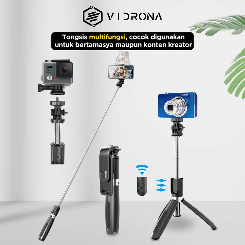 VIDRONA Tongsis Tripod Bluetooth Lampu LED Remote Control Alat Selfie Foto dan Video Stick Portable Flexible 360º Aluminium Holder Panjang Ponsel Wireless Plastik 7