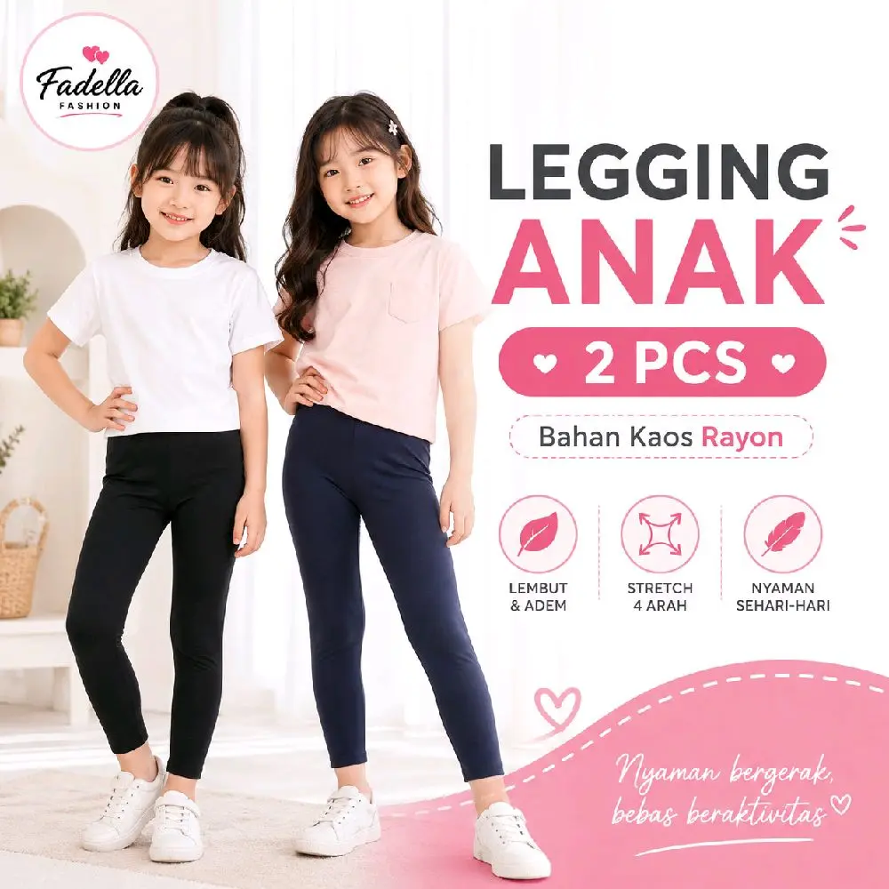 Legging Anak 2 PCS Perempuan Polos Premium Stretch 4 Arah Celana Panjang Anak Usia 3–15 Tahun | Fadella Fashion