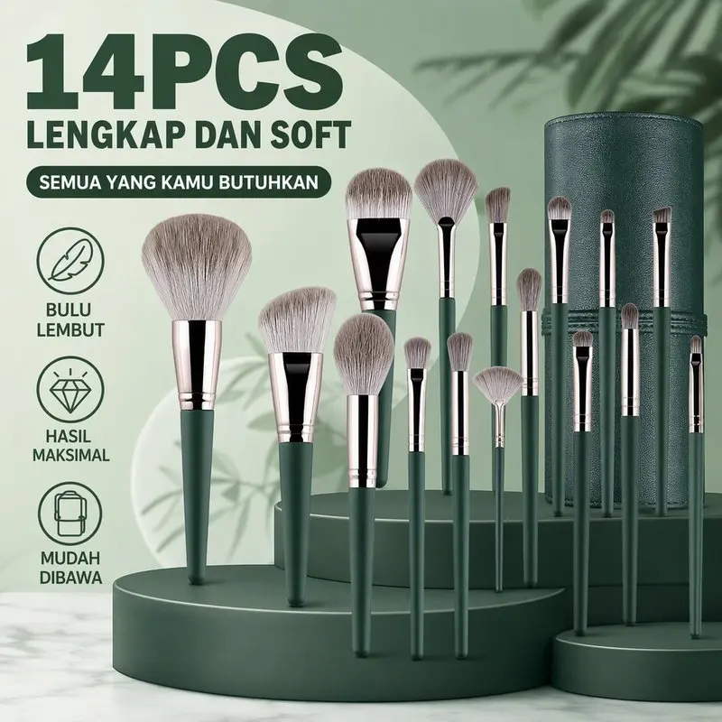 Kuas Makeup Set 14pcs Dengan Kantong Penyimpanan Brush Set Untuk Pemula Bulu Skin Friendly Mudah Dibersihkan Hasil Flawless Blending Eyeshadow Concealer Blush Powder
