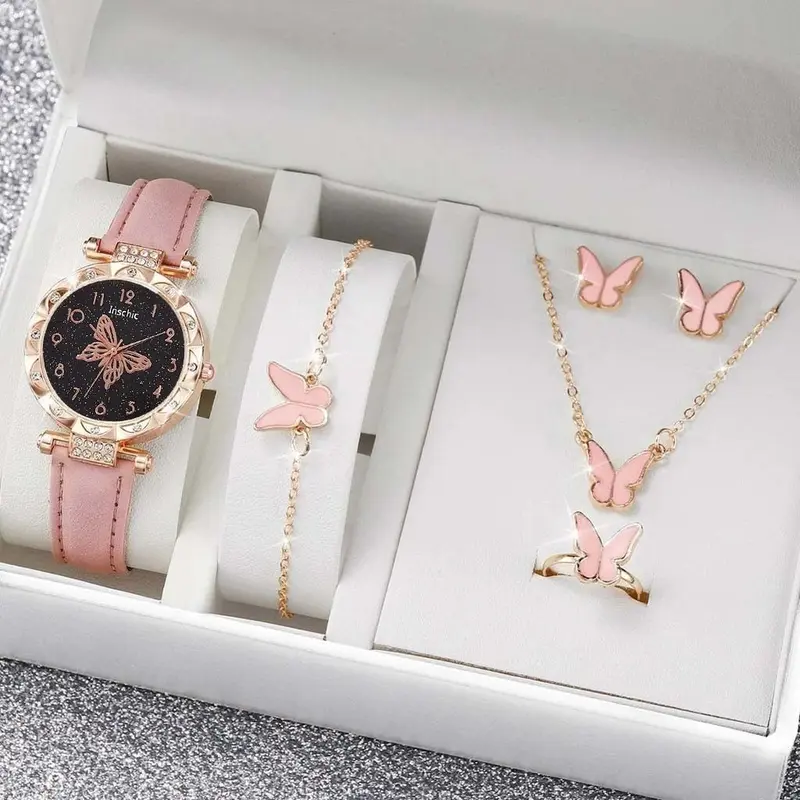 5PCS Jam Tangan Kuarsa Wanita Bergaya Berlian Berlian Kupu-kupu Dial PU Tali Kulit  Quartz Watches Kaca Set Perhiasan Kupu-kupu Gratis (Tanpa Kotak) 1