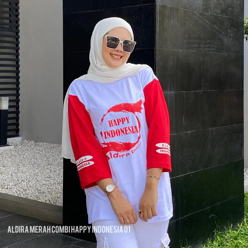 Kaos Oversize Kemerdekaan Happy Indonesia Combi putih merah Pakaian Baju Wanita 1