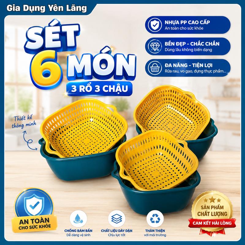 Set 6 món rổ kèm chậu bộ 3 rổ và chậu, thau nhựa rửa rau củ đựng hoa quả trái…