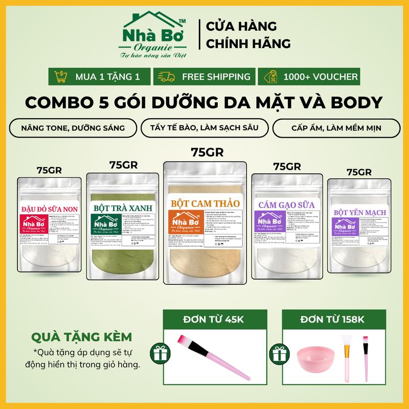  Combo 5 Gói x 75g  Bột Đậu Đỏ Sữa Non + Bột Trà Xanh + Bột Cam Thảo + Bột Cám Gạo Sữa + Bột Yến Mạch  - Giúp Dưỡng Trắng Sáng Tẩy Tế Bào Cấp Ẩm Cho Da Mặt và Body | Nhà Bơ Organic 