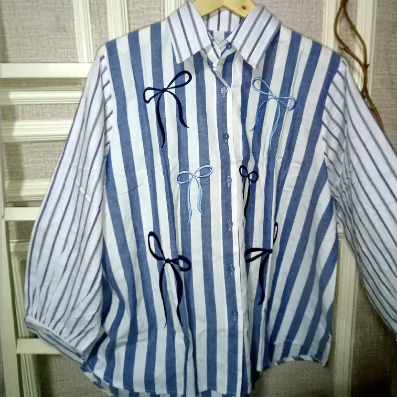 Kemeja Pita Bordir Ice Blue LD 120 - Baju Wanita Casual - Atasan, Katun, Kancing, Panjang, Oversize 1