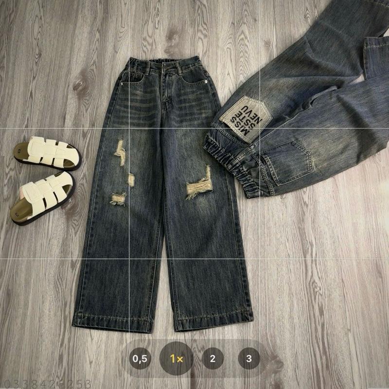 |[S063]|- Quần jean suông nữ [Lưng Thun Rách Túi Mis] dáng 9 tấc, dài 94 cm, ống 26 cm, không co giãn Women Pants Denim