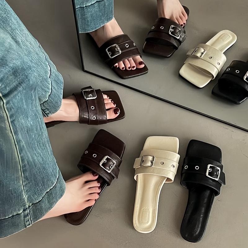 [5581-CHUẨN SZ-DEAL MỞ BÁN] Dép lê nữ đế bệt phối khuy chất da mềm mịn, đế cao su chống trượt, phù hợp đi làm, đi học, đi chơi