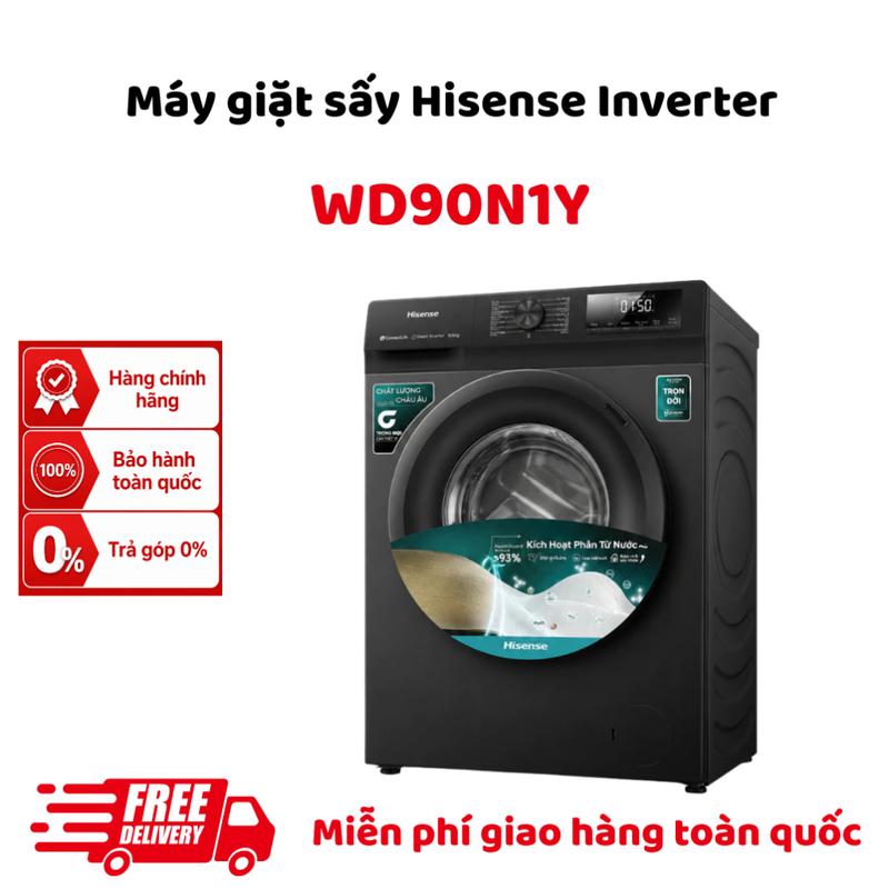 WD90N1Y Máy giặt sấy Hisense Inverter 9kg sấy 6kg, tiết kiệm điện nước, giặt sấy tiện lợi