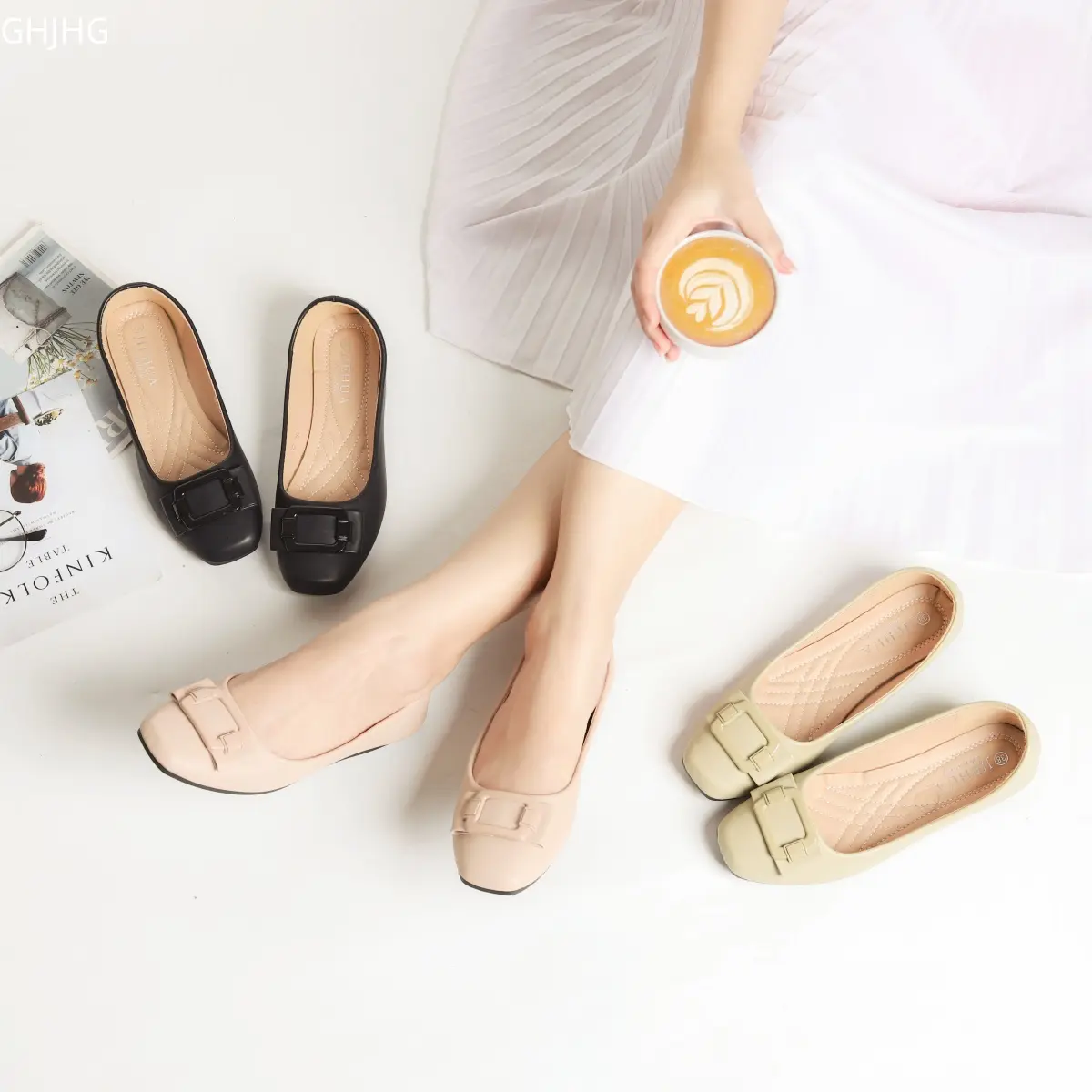 JIEHUA Poppy Sepatu rata kerja Flat  Shoes ,  lebar,  wanita dengan selesai licin BHL 32/H-215