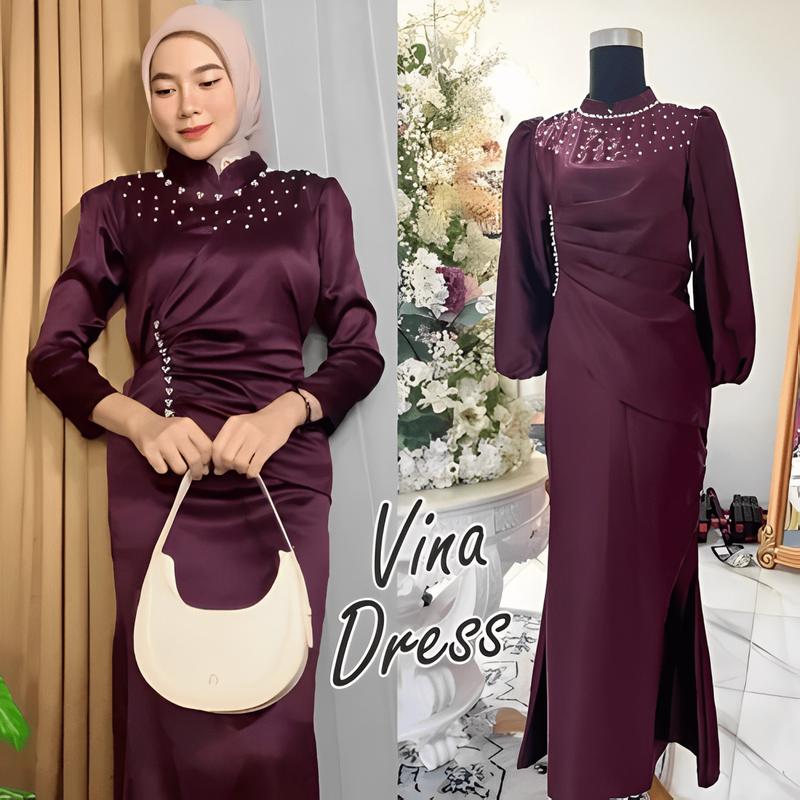 Product Introduction of [Vina Dress Spesial Burgundy] Gamis Pesta Kondangan Viral Kirey Duyung Baju Lebaran Wanita Remaja Dewasa muslimah Kekinian Bridesmaid Mewah 1