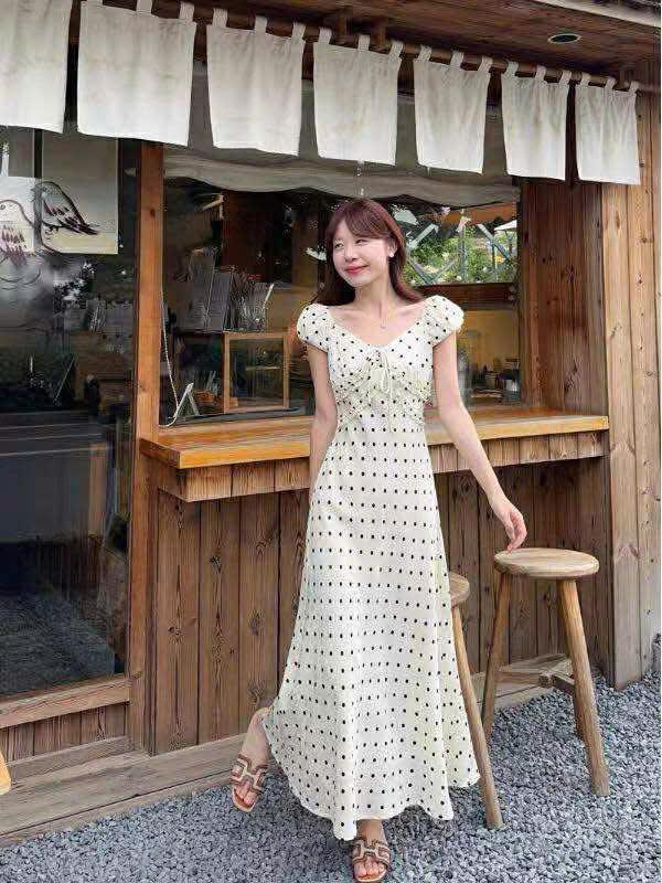  Váy chấm bi cổ vuông tay phồng dáng dài phong cách hàn quốc xixeoshop _V44 