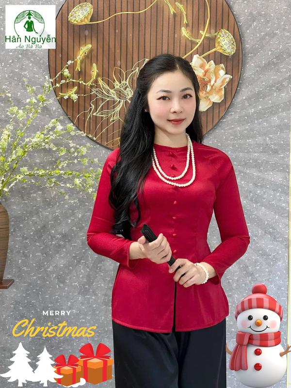  Hân Nguyễn Áo Bà Ba - B.A124 - Áo Bà Ba Lụa Ánh Kim Cổ Tròn Nút Nụ Dây Kéo Nữ Women Top Kem 