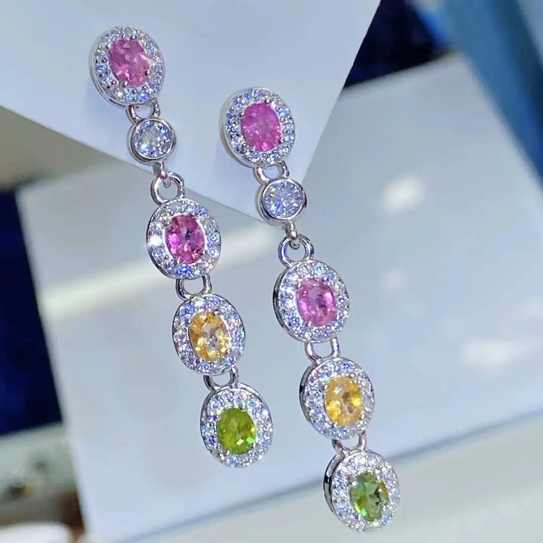 New natural tourmaline earrings Chain shaped composite inlaid natural tourmaline earrings