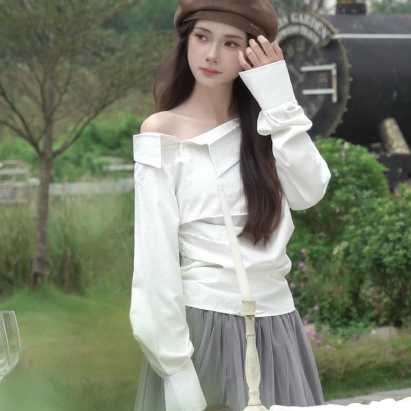 SMOR ROOM Áo trễ vai lệch cổ sơ mi DOM