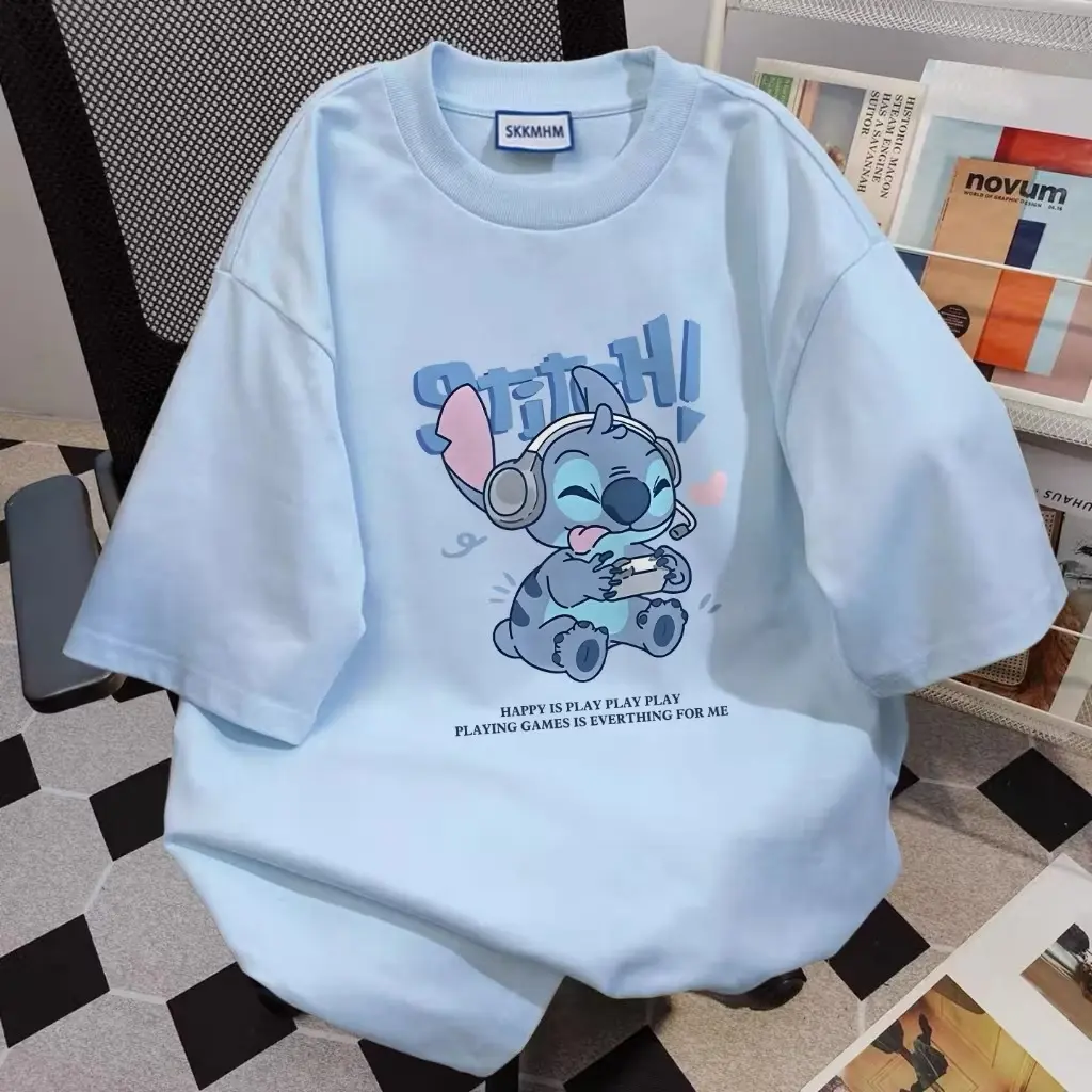 Tshirt Kaos Wanita Cartoon Cute Stitch Graffiti Lengan Pendek |  Cotton Spring New Korean Shirt
