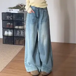 Jeans Baggy Retro Biru Panjang Wanita Korean Style Celana Lurus Highwaist Kulot Wide Leg Jeans Wanita Trendy dengan Desain Modern skena petite tb 150 ce wek