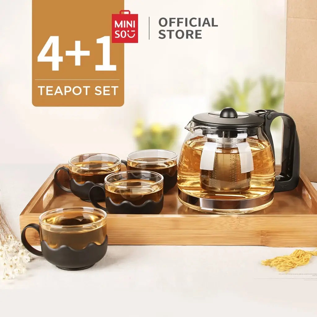 MINISO Set Teh Sederhana 5pcs Teh Ketel Kaca Teapot dengan 4pcs Gelas 1 Teapot Set 700ml Cangkir Stainless Steel Glass Teko