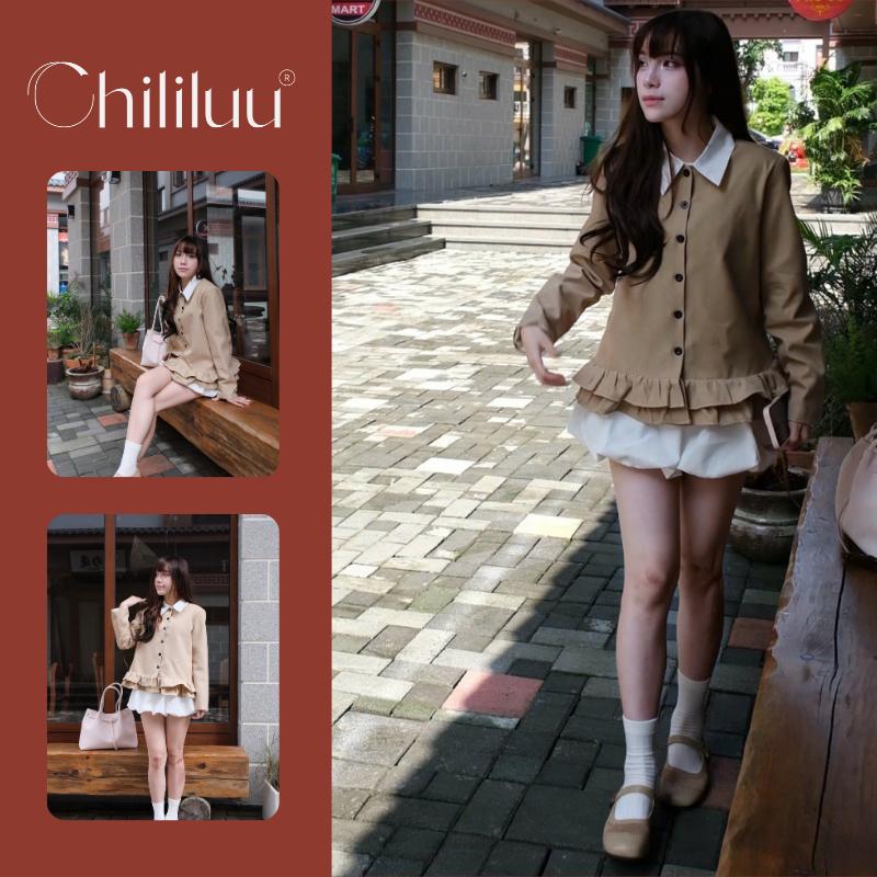 Áo khoác Chililuu cổ tròn gấu bèo phòng cách sang chảnh Hàn Quốc