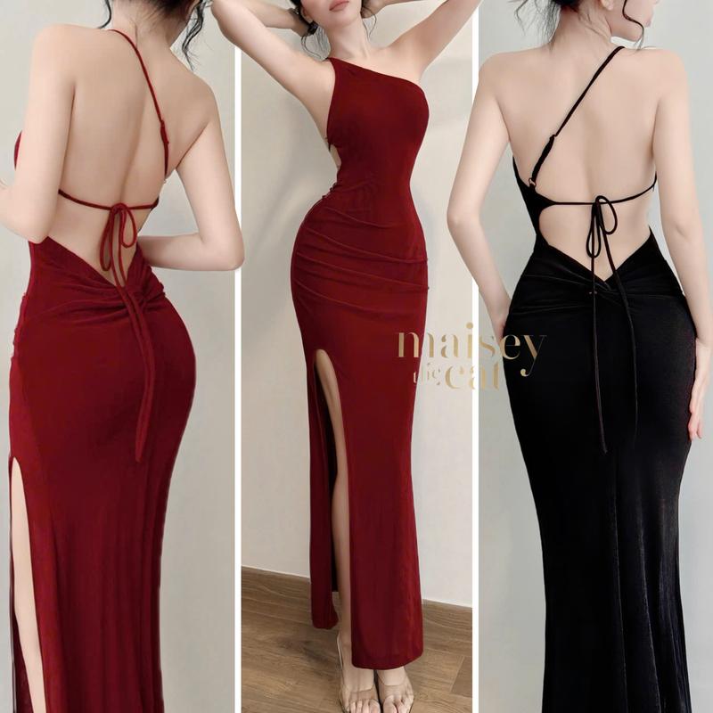   MAISEY 2757  Đầm ôm body lệch vai xẻ tà phải hở lưng – thun lấp lánh gợi cảm đi tiệc sang trọng 