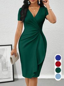 Vestido ajustado con nudo para primavera/verano, vestido midi envolvente con volantes y cuello en V, diseño entallado con frunces en la cintura, vestido formal para eventos nocturnos