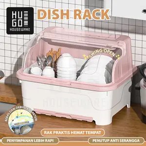 HUGO Rak Pengering Piring Mangkok Rak Piring Plastik dengan Tutup Rak Piring Mangkok Sendok Garpu Rak Dapur Multifungsi