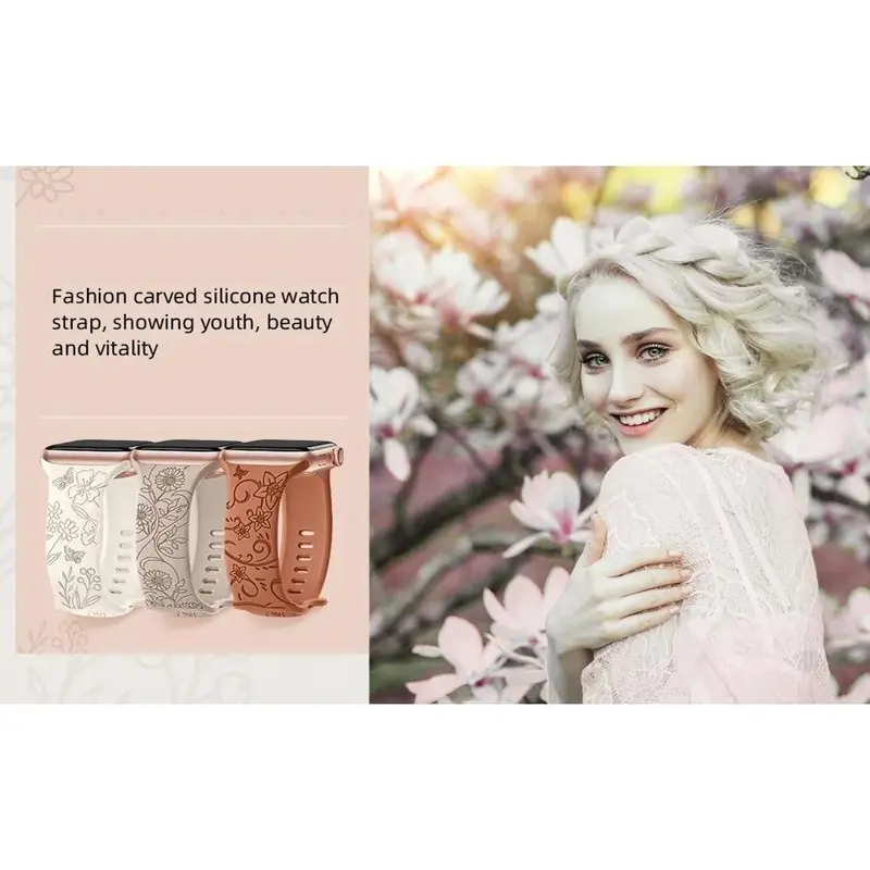 Strap for IWatch 49mm 45mm 44mm 42mm 41mm 40mm 38 mm Soft Sport Engraved Band Women Silicone Print Flower Printed Tali Jam Tangan Apple Watch Series 1 2 3 4 5 6 7 8 9 SE Ultra T500+pro Smartwatch S20 IWO HW IWO CW Rubber Accessories 8