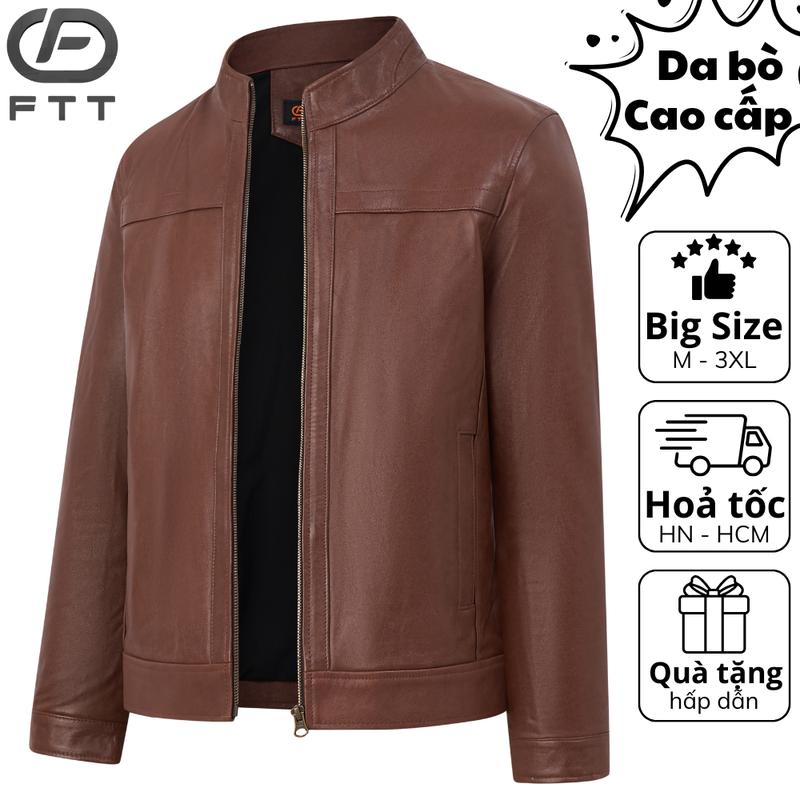  Áo khoác da bò nâu loang Racer Jacket viền ngang ngực FTT Leather da thật bền bỉ không bong tróc AD204 